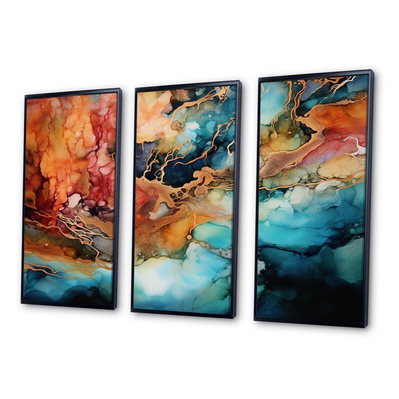 «Dreamscape Lakes Rivers, encre liquide paysage II», ensemble d'art sur toile, Cadre flottant noir