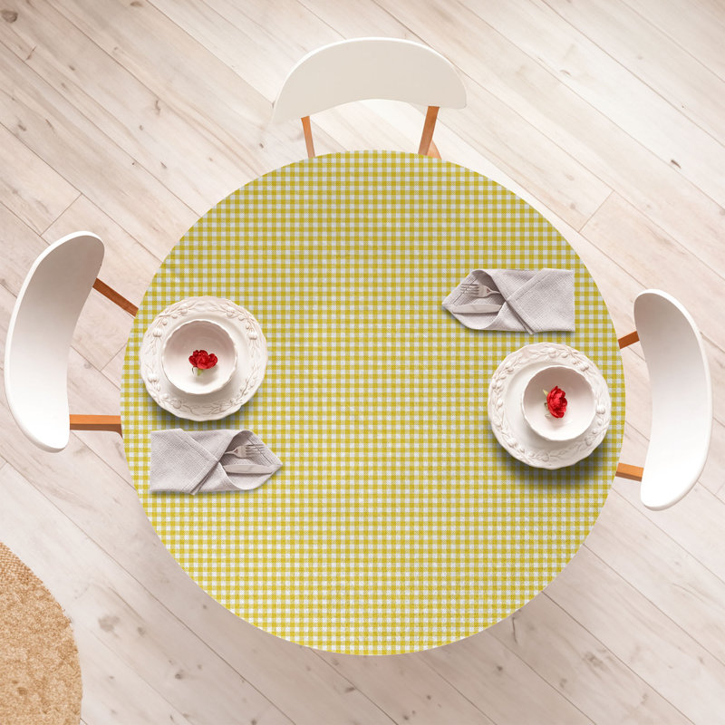 Ebern Designs Yellow White Fitted Round Tablecloth Yellow White