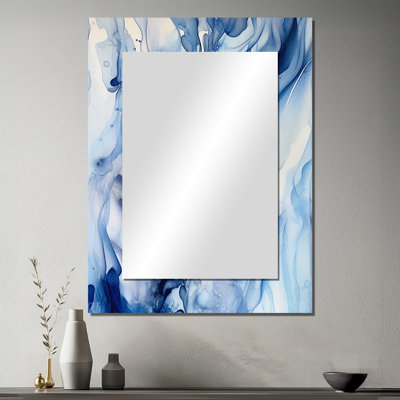 Abstrait classique bleu vagues V - miroir de fractales, miroir mural bleu unique, impression d'art en métal
