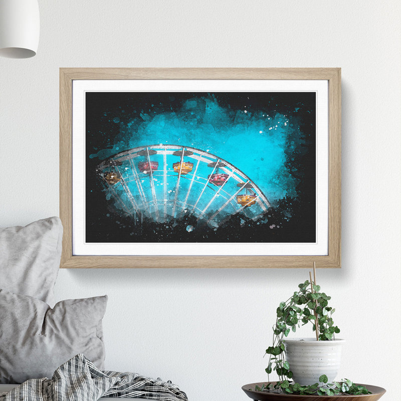 Santa Monica Pier Ferris Wheel - Picture Frame Graphic Art, Oak Framed, 33cm H x 45cm W x 2cm D