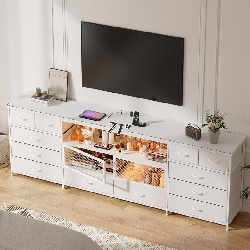 71"w Modern Tv Stand With 14 Drawers, Led Lighting & Built-in Power Outlets For 65/75/80 Inch Tvs, Fabric Storage Dresser With Mesh Door Compartments