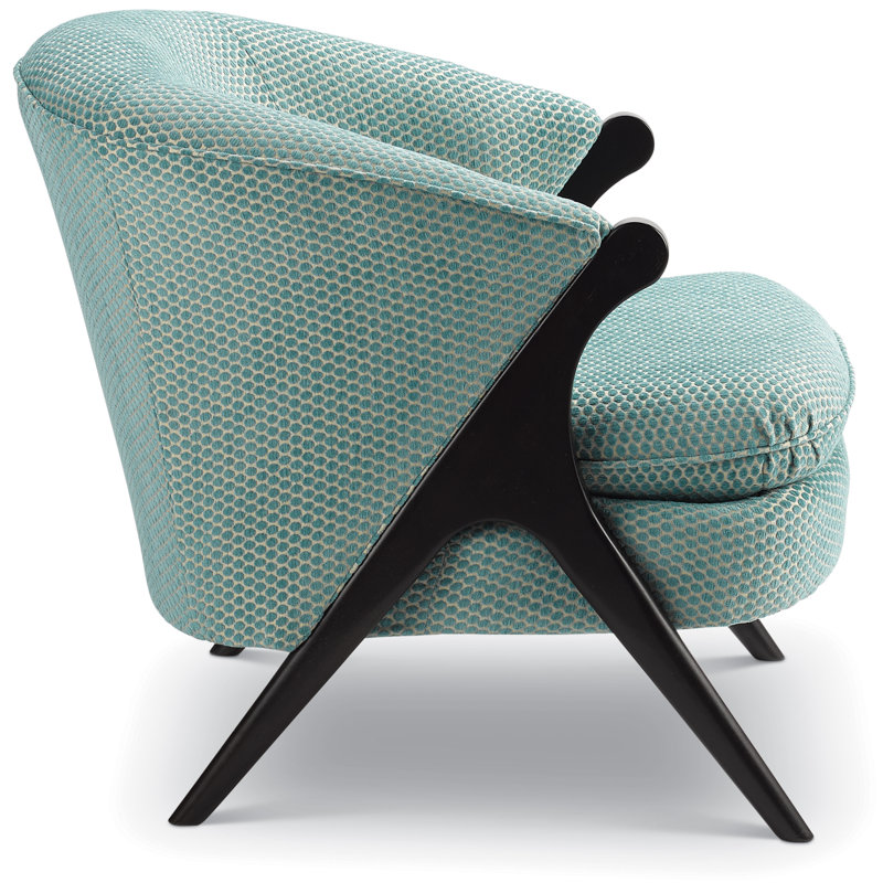Tatiana Upholstered Barrel Chair, Smokey Blue Multicolored Performance, Honey Birch