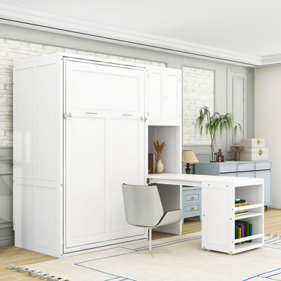Lit escamotable avec bibliothèque rotative, bureau, armoire et rangement