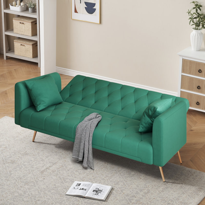 Causeuse convertible en velours convertible avec 2 coussins pour le salon, Velours vert