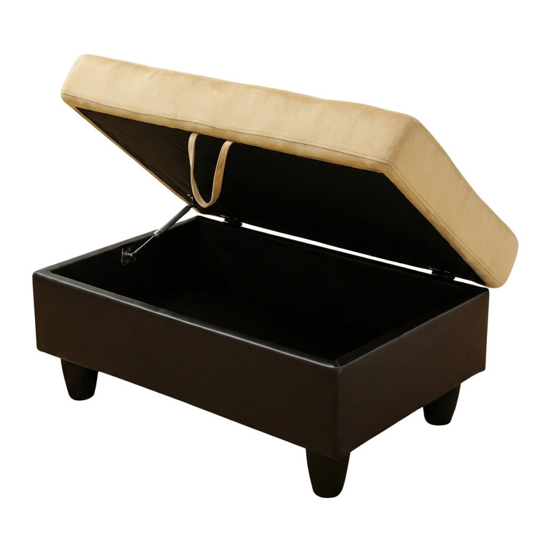 Repose-pieds beige capitonné avec rangement en similicuir et velours avec compartiment de rangement dissimulé, tabouret de table basse rectangulaire pour le salon, la chambre à coucher et le vestibule