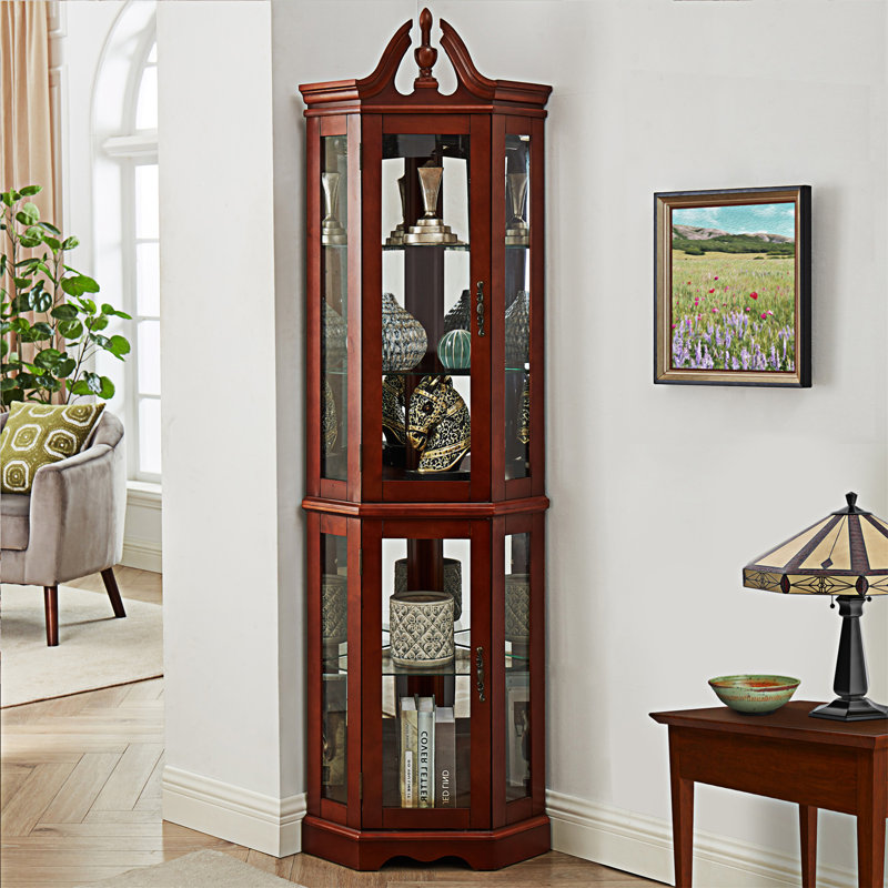 Walnut Corner Lighted Curio Cabinet with Glass Shelves