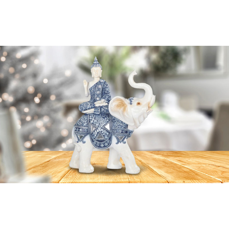 Figurine bouddha thaï 9 "bleu et blanc assis sur un éléphant