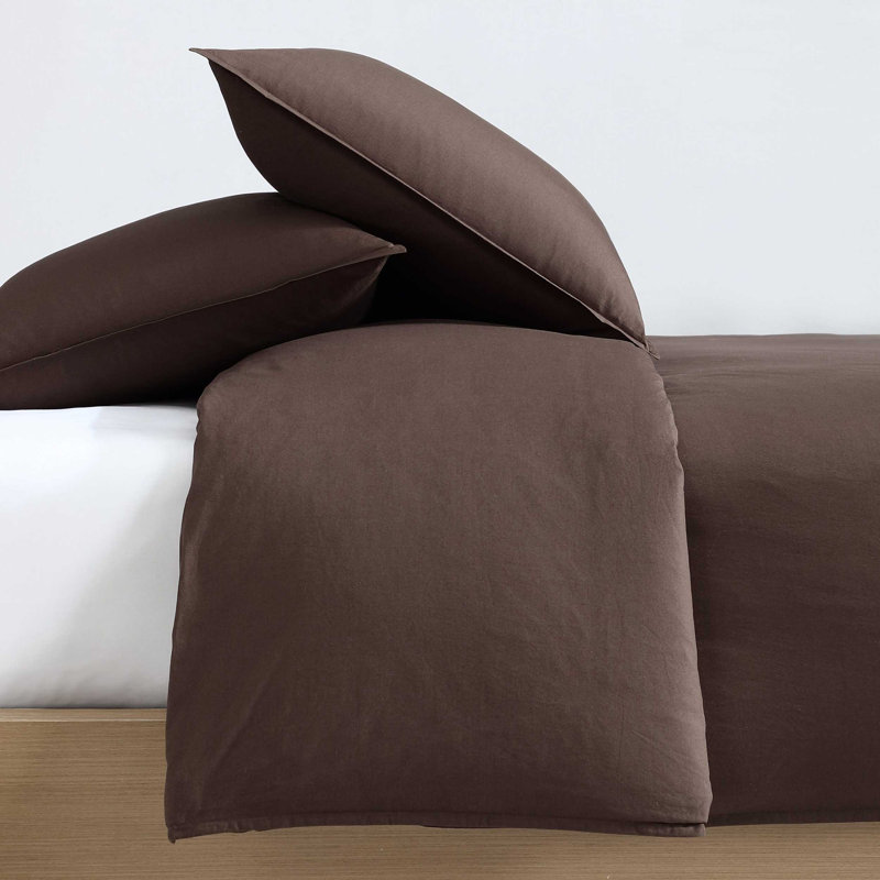Calvin Klein Washed Percale Solid Cotton Duvet Cover Set, King Duvet Cover + 2 King Shams, Earth Brown