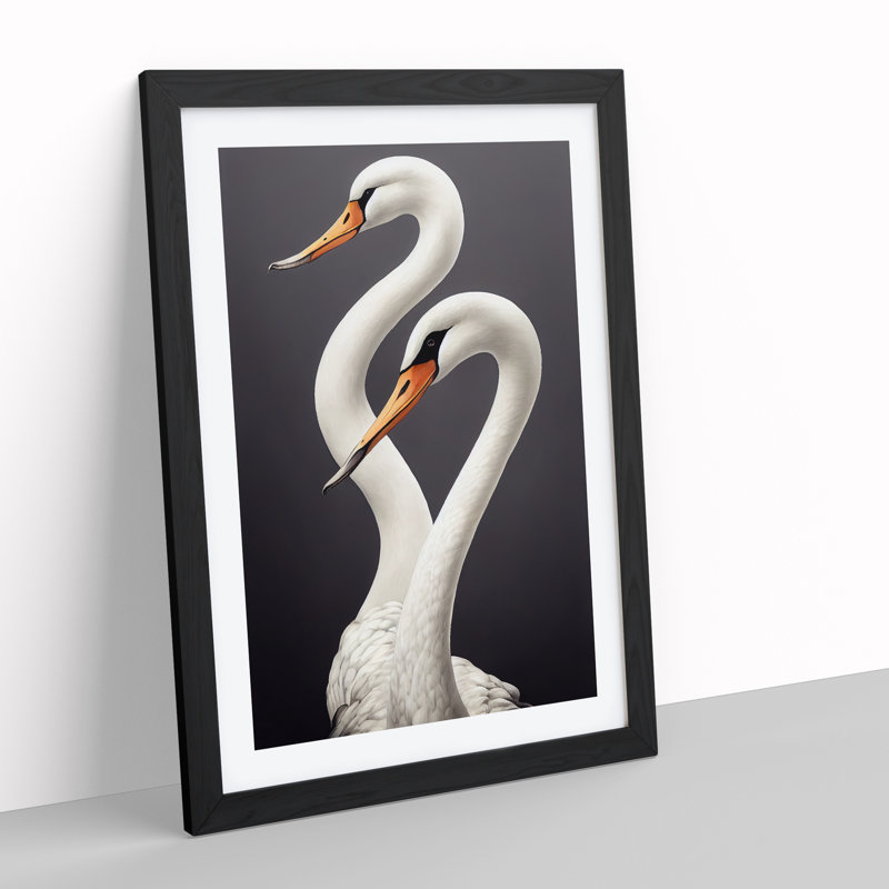 Two Pretty Swans - Wall Art, Black Picture Framed, 66cm H x 48cm W x 3cm D, White