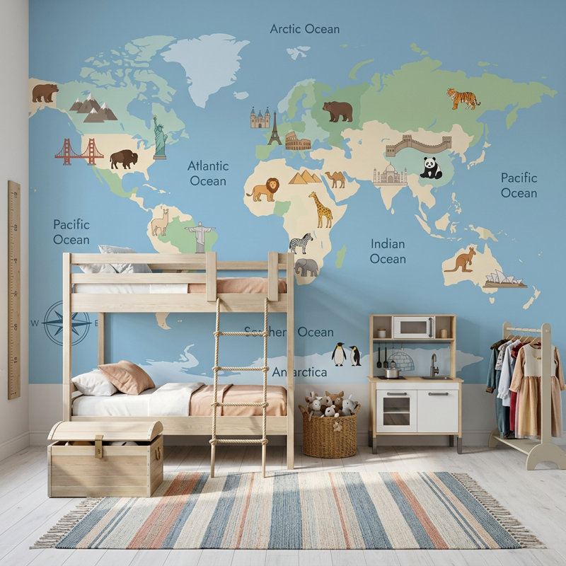 Papier peint carte du monde pour enfants, à visée éducative., 100"x96", Peel and Stick