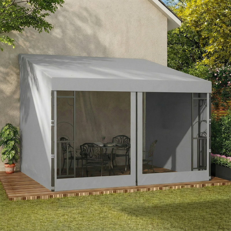 Pavillon de jardin mural 10 'x 10' avec rideaux et filets, Gris clair
