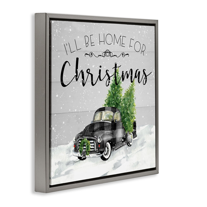 «Plaid Truck Christmas phrase», art mural sur toile par Carol Robinson, H 18 po x l 18 po, Cadre flottant gris lustré
