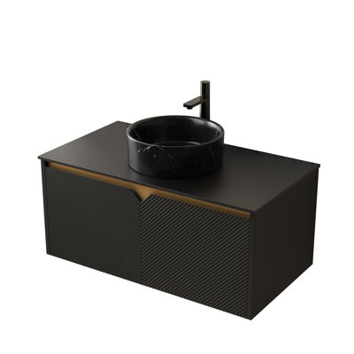 Armoire murale 36 po noire avec comptoir en pierre frittée, sans lavabo, robinet, portes en bois massif et assemblage facile