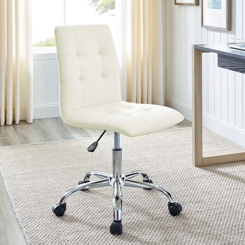 White Faux Leather Armless Swivel Office Chair with Chrome Base
