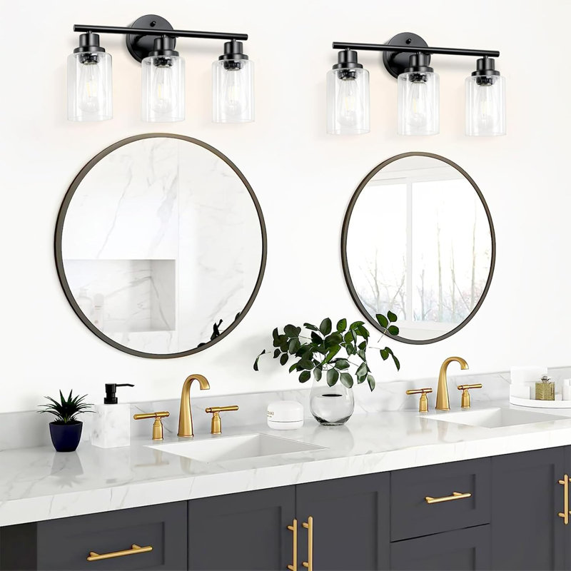 Luminaire de meuble-lavabo moderne noir mat avec abat-jour en verre transparent, applique murale 3 lumières, base E26, fixation réversible, installation facile