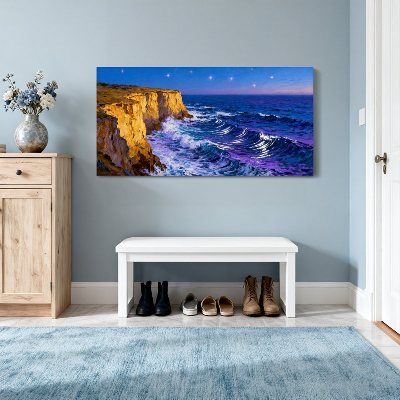 Paysage et nature Cliff Ocean Waves Night Sky Stars - mauve / bleu, H 20 po x l 40 po