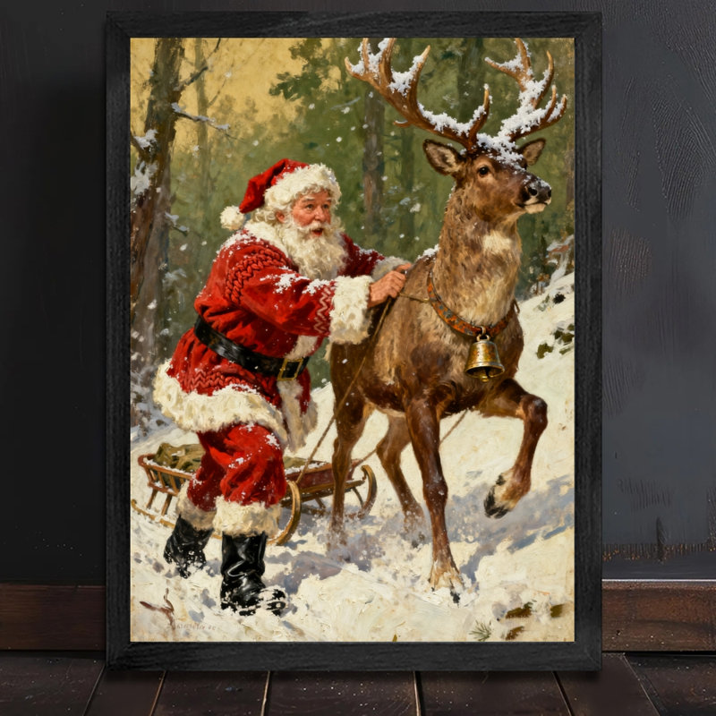 Père Noël rétro noir encadré avec art mural de style rétro, H 25 po x l 17 po