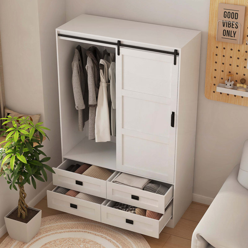 Garde-robe de grange avec tringle et tiroirs, Blanc