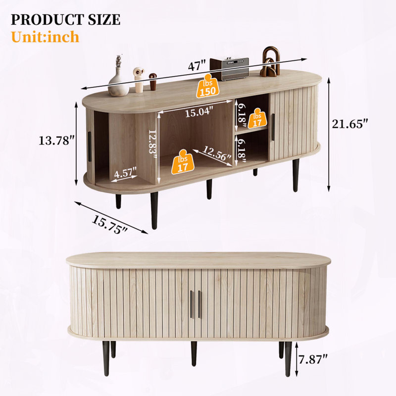 47-Inch Modern TV Console with Sliding Door and Fluted Details, 21.65"H x 47"L x 15.75"W, Natural Wood
