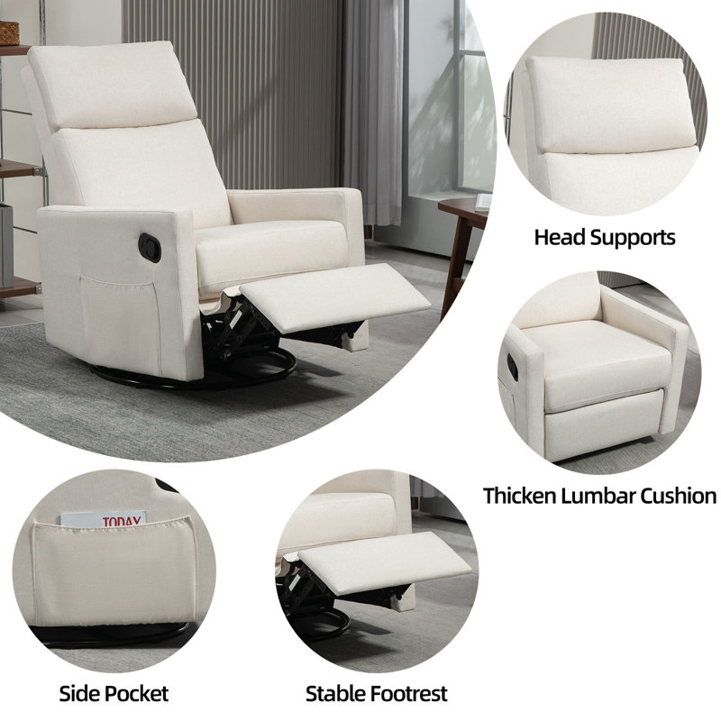 Fauteuil inclinable manuel berçant moderne pivotant de 25,6 po de largeur avec poches latérales pour petits espaces, Beige