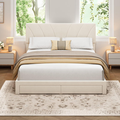 Soft Velvet Upholstered Bed Frame with Storage and Adjustable Headboard