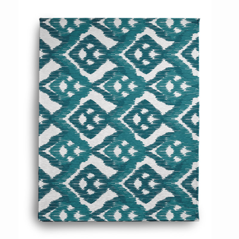 Tapis Ikat bleu sarcelle / blanc, Rectangle 4 pi x 6 pi