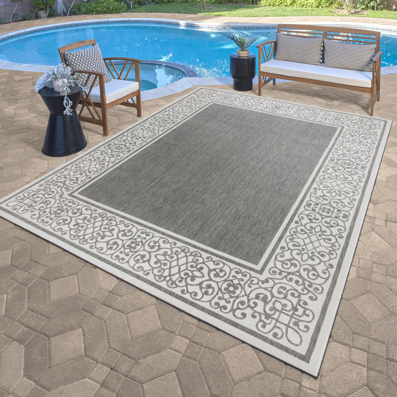 Arnaud Scrolled Border Silver Gray Ivory Flatweave Indoor/ Outdoor Area Rug, Rectangle 5'3" x 7'