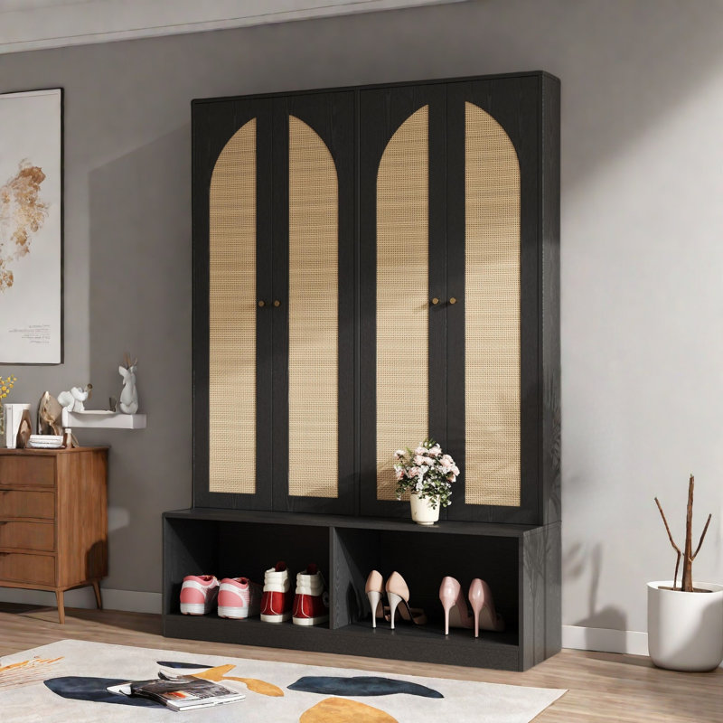 Farmhouse Widen Hall Tree With 4 Rattan Doors, Seating Bench, 6 Hooks And Shoe Cabinet, Black