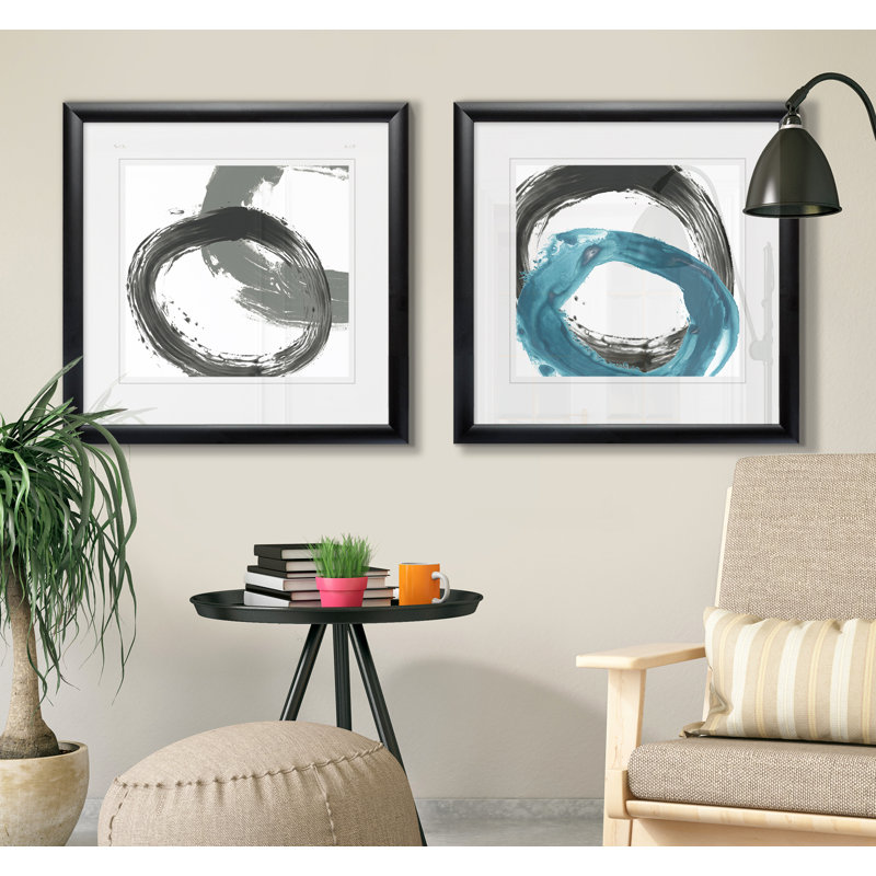 'Circular Reaction II' - Matted and Framed Under Acrylic Glass, Set of 2, Large Living Room Wall Art
