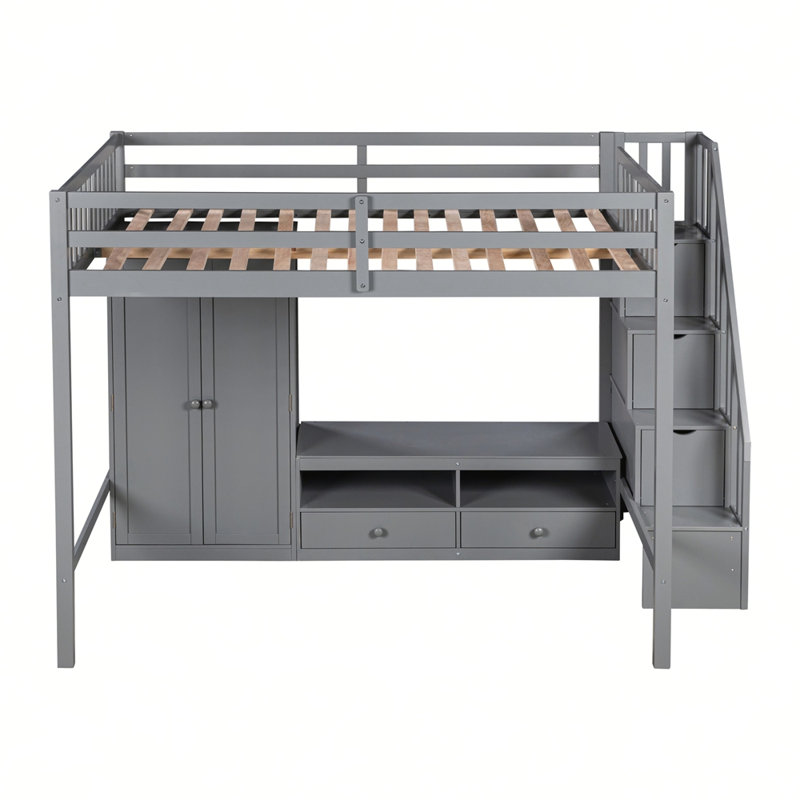 Structure de lit mezzanine avec garde-robe, table de rangement basse et escalier de rangement, gris