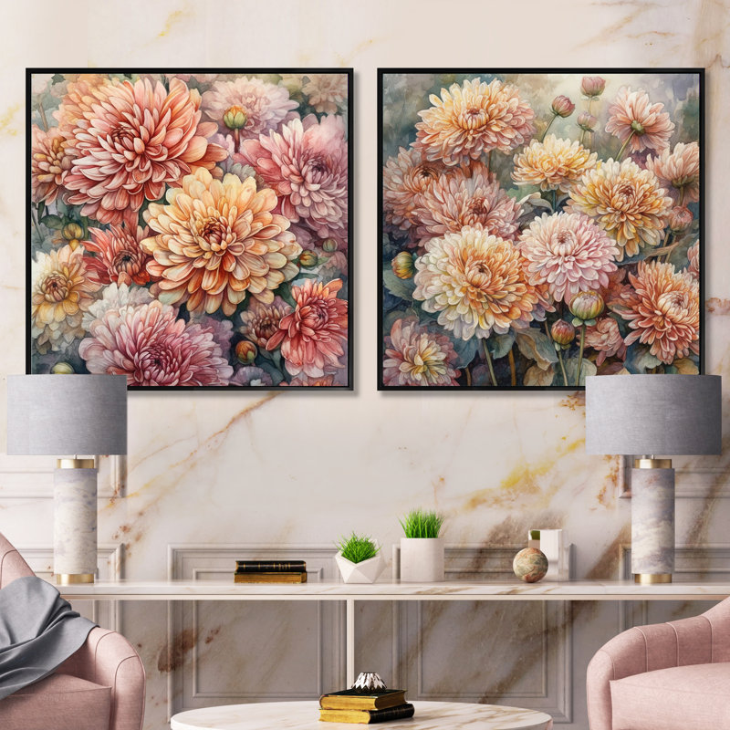 Ensemble de 2 collages carrés oranges et roses, Cadre flottant noir, H 16 po x l 33 po