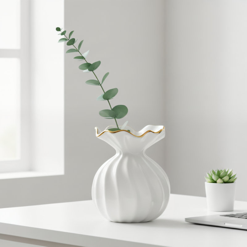 6" Ribbed Cinch Gold Trimmed White Ceramic Vase