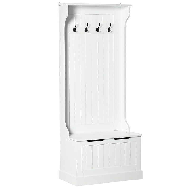 28" Hall Tree - HOMCOM 3-in-1 Entryway Bench with Coat Rack & Shoe Storage, White