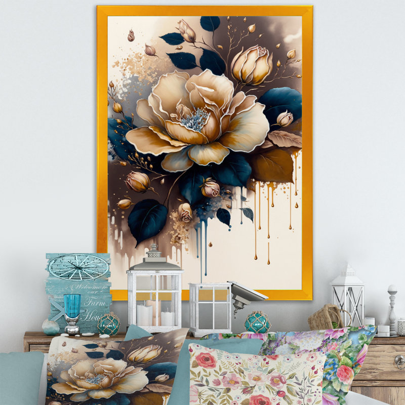 Art sur toile rose et brune, H 44 po x l 34 po x P 1,5 po, Impression dorée sur toile encadrée