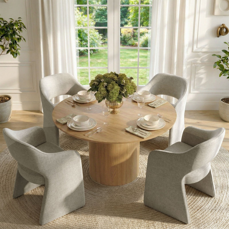 Ensemble de table de salle à manger pour 4 personnes avec table ronde et 4 chaises rembourrées imperméables, Jaune, Beige