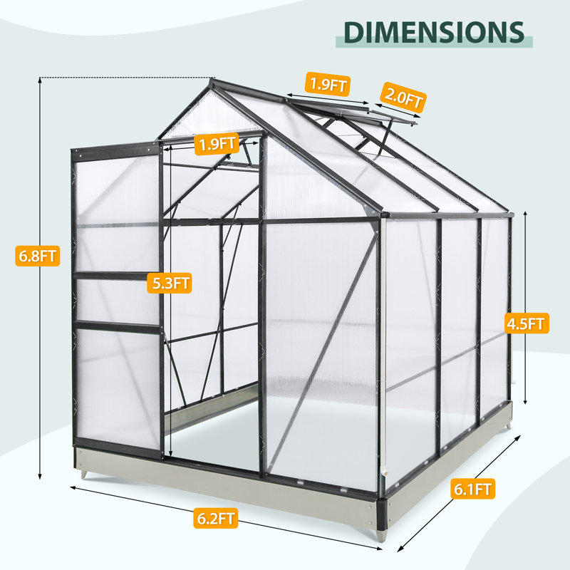 Serre de loisir en polycarbonate à structure en aluminium 6,2 pi x 6,2 pi, Gris, L 6,2 pi x P 6,2 pi x H 6,8 pi