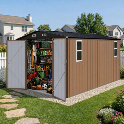 Remise de rangement extérieure 10 x 12 pi avec fenêtres, remise en acier galvanisé robuste avec portes verrouillables doubles, toit à pignon et évent