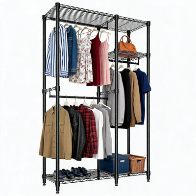 Portant à vêtements autoportant robuste avec étagères, 3 barres de suspension et 5 étagères métalliques réglables, capacité de 318 kg, organisateur de garde-robe ouvert, rangement de vêtements portable en métal pour chambre, garde-robe, buanderie, noir