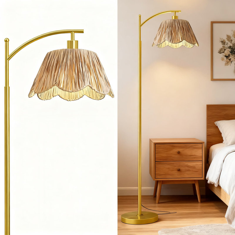 Arc Floor Lamp With Hand-Woven Rattan Shade, 62.5 Inch Farmhouse Standing Lamp With Foot Switch And Gold Metal Base For Living Room, Bedroom, Office Corner Reading Light