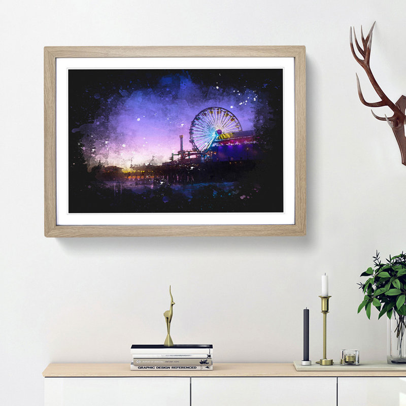 Santa Monica Pier Fairground - Picture Frame Graphic Art, Oak Framed, 24cm H x 33cm W x 2cm D