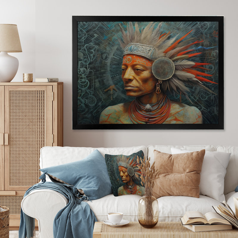 Chaman amérindien avec coiffe de plumes sur toile, H 12 po x l 20 po x P 1 po, Cadre simple noir