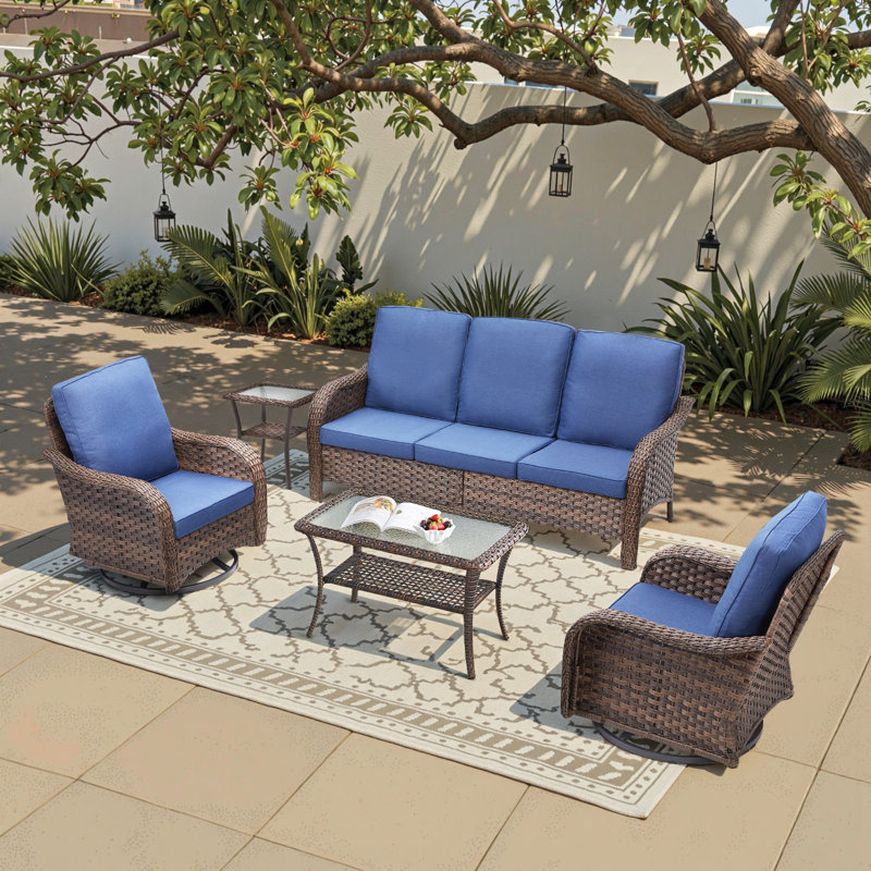 Gustave 5-Piece Outdoor Wicker Patio Furniture Set, All-Weather Conversation Set With Olefin Cushions, Blue