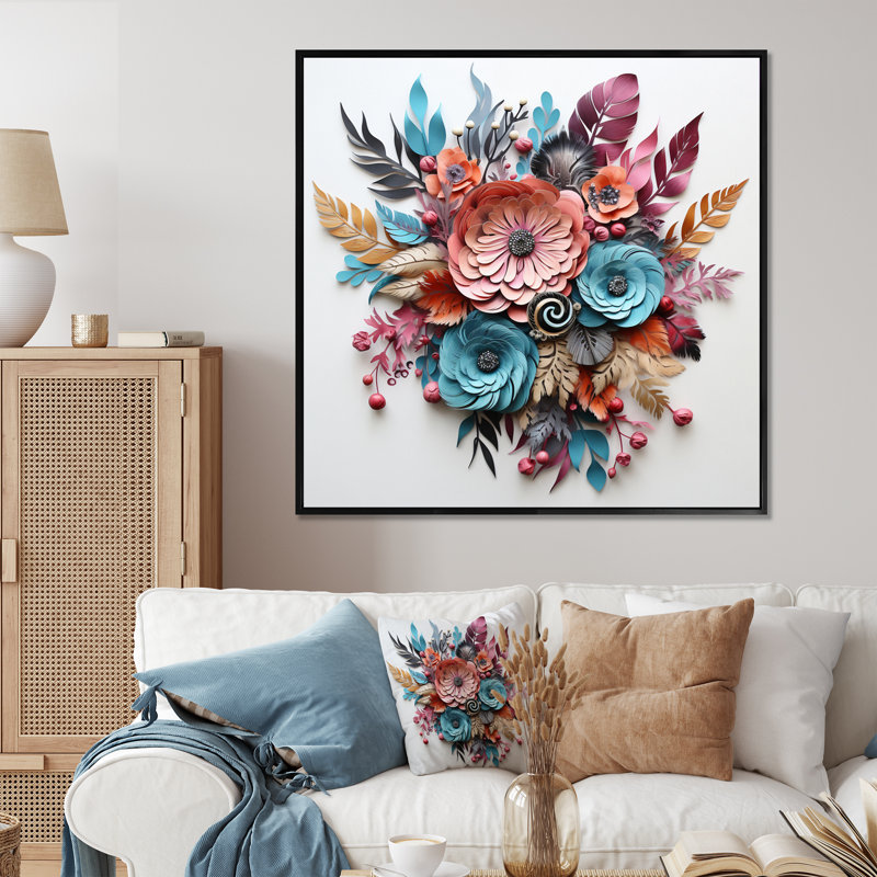 «Boho Flowers Bouquet» en bleu et rose I sur toile, 30" H x 30" W, Cadre flottant noir