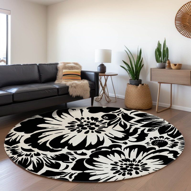 Premium Machine Washable Cerrito AMF551 Black Rug, Round 8'