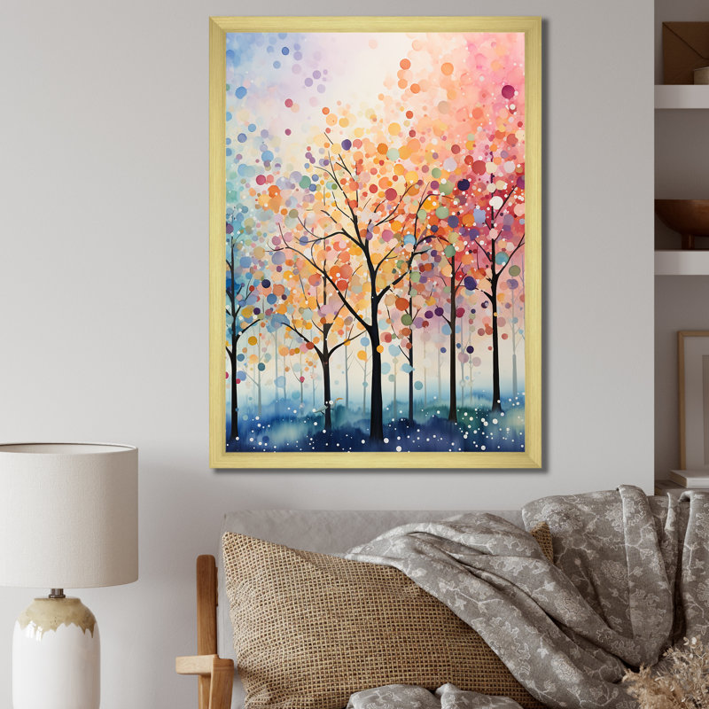 " Trees Field Pointillism Dot ", Gold Picture Framed, 20" H x 12" W x 1" D