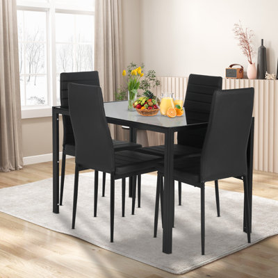Ensemble de table de salle à manger 5 pièces Ensemble de table de cuisine et table en verre Ensemble de mobilier de salle à manger avec table rectangulaire et 4 chaises à cadre en similicuir pour la salle à manger