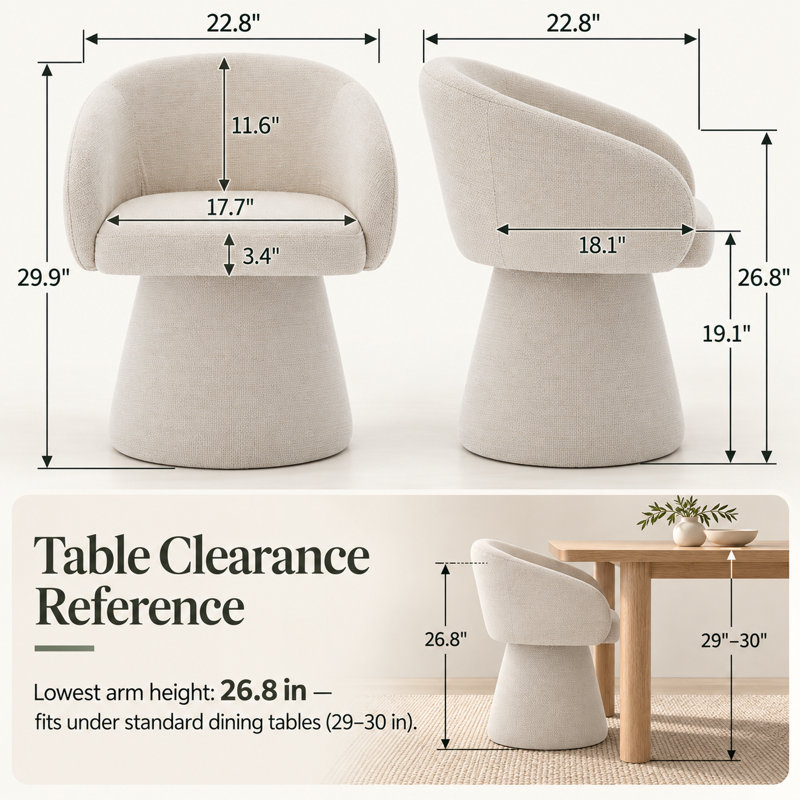 Chaise rembourrée pivotante avec dossier incurvé et base piédestal, Beige Chenille