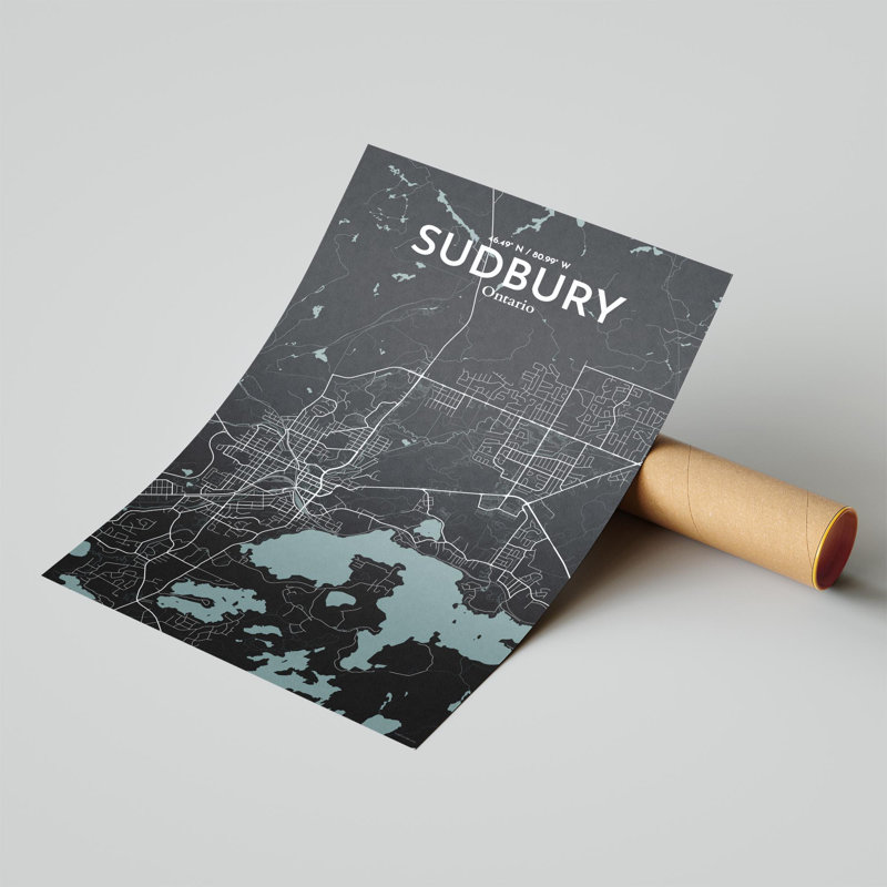 Sudbury City Map, impression, H 17 po x l 11 po, Gris / noir