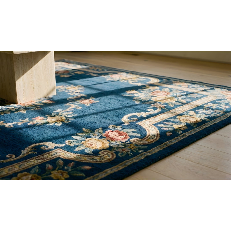 Antique Blue Color Floral Design Chinese Art Deco Wool Pile Rug