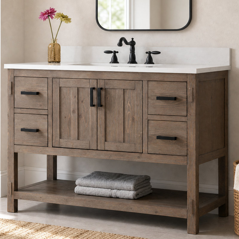 Marissa 48" Freestanding Single Bathroom Vanity with Engineered Stone Top,  Brown Spruce